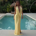 Elegant Backless Long Dress Sexy Women's Deep V Ruched Split Curvy Maxi Dresses Evening Party Beach Pool Summer Pink Yellow New