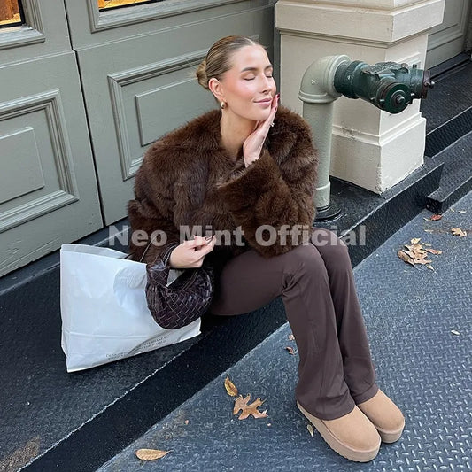 Vintage Brown Patchwork Fur Coat Women Winter Luxury Brand Fashion Faux Fox Fur Jacket Chic Street Girl Overcoats