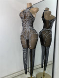 High Street Mesh Spider Web Tight Jumpsuit Performance Dance Costume Luxury Rhinestones Nightclub Bar Stage Leotard