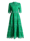 Wedding Guest Green Lace High Neck Midi Dress for Half Sleeve Women Cutout Texture Tiered Hem Flowy Skirt for Afternoon Tea