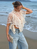 Sexy Cape Style Lace Perspective Top Women Half High Neck Short Sleeve Solid Irregular Pullover Lady Chic Casual Beach Top Cloth