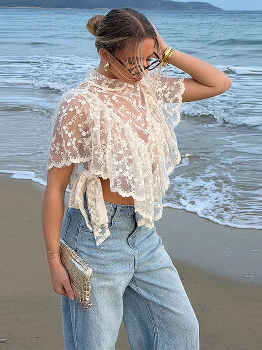 Sexy Cape Style Lace Perspective Top Women Half High Neck Short Sleeve Solid Irregular Pullover Lady Chic Casual Beach Top Cloth