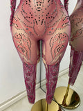 Sparkly Crystals Women Sexy with Sleeves Stretch Mesh See Through Jumpsuit Nightclub Stage Wear Performance Dance Costume