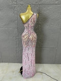 Women Sexy One-Shoulder Crystal Rhinestone Cutout High Slit Sheer Mesh Bodycon Outfit Stage Performance Evening Party Costume