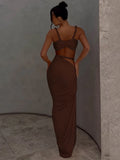Bandage Ruched 2 Piece Set Women Square Collar Bra+Skinny Long Skirts 2025 Summer Vacation Beach Party Trend Suits