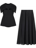 Solid Three Piece Set for Women Square Collar Sleeveless Top with Shawl Sheer Mesh Long Skirt Sexy Outfit Female