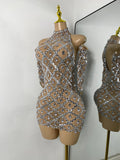 Luxury Women Sexy Sparkly Sequins Halter with Sleeves Mesh Mini Bodycon Nightclub Birthday Dress Party Performance Costume