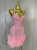 Women Sparkly Rhinestones Ruched Luxury Birthfay Evening Party Dress Sexy Halter Sleeveless Bodycon Mini Bandage Cocktail Dress