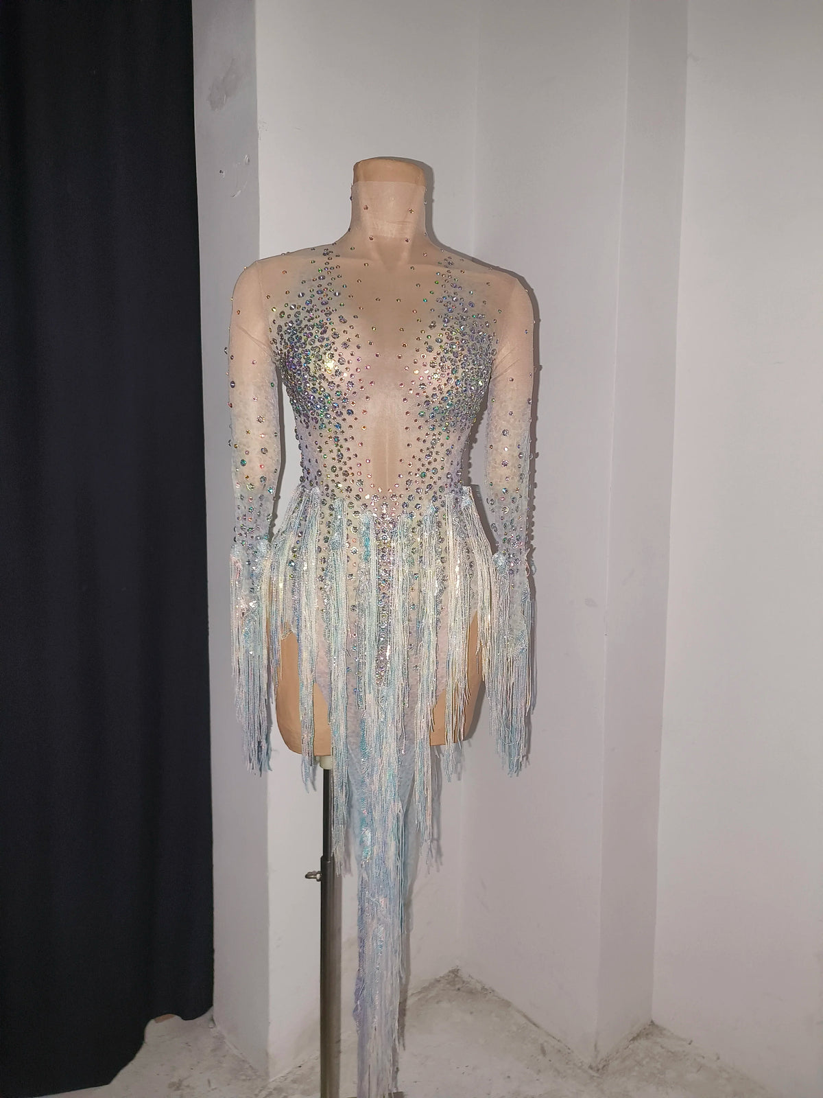 Sexy Sparkly Rhinestone Tassel Long Sleeves Mesh See Through Mini Dress 2026 Women Latin Dance Nightclub Party Club Stage Wear