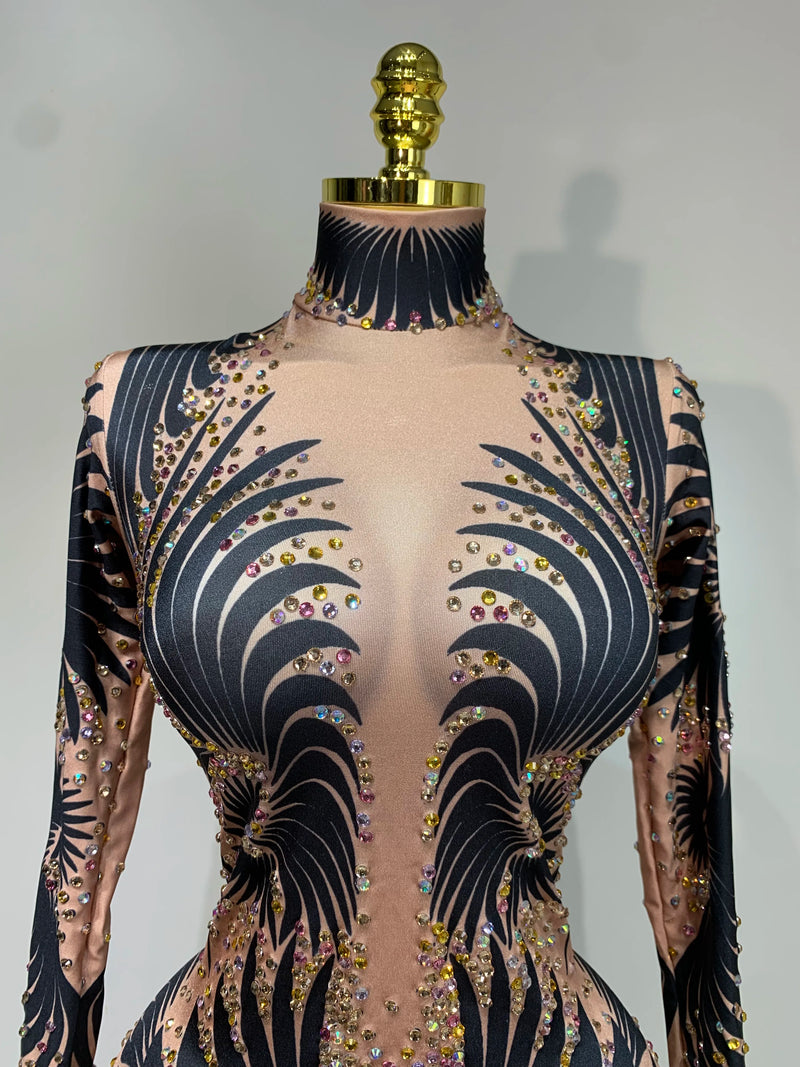 Sexy Long Sleeves Print Rhinestone Jumpsuits Drag Queen Show Stage Performance Costume Women Evening Party Nightclub Rompers