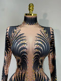 Women Sexy High Stretch Jumpsuit Long Sleeeve Holiday Party Cosplay Costume Nightclub Dancer Outfit Sparkly Diamond Stage Wear