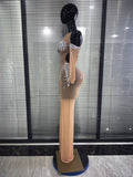 Women Sexy Off the Shoulder Mesh See Through Shining Rhinestone Bodycon Long Dress Gloves Celebrate Evening Party Cocktail Wear