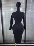 High Quality Women Long Sleeve Sexy V-Neck Buttons Bodycon Midi Bandage Dress Officelady Fashion Evening Party Clothing