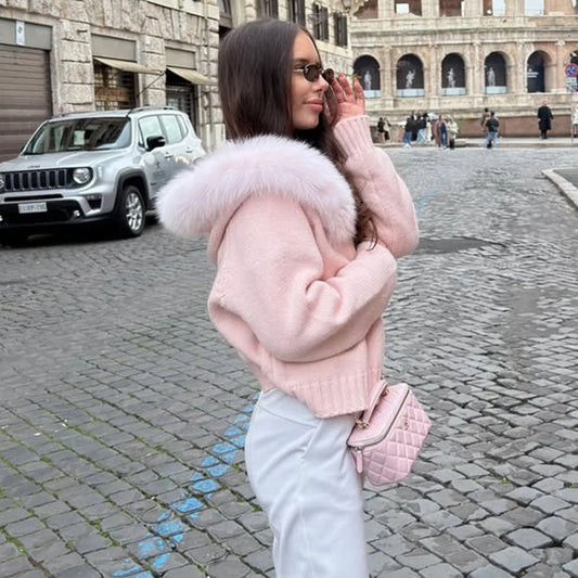 Women Hooded Knit Cardigan Sweater Coat Fluffy Faux Fur Collar Two Way Zip Solid  Loose Casual Jacket 2026 Autumn Winter