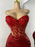 Sparkly Red Diamonds Asymmetrical Two Pieces Dress Design 2025 Women Sexy Strapless Top Skirt Suits Dance Performance Outfit