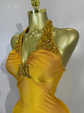 Women Sexy Gold Stretch Bodysuit Sparkly Rhinestone Birthday Party Nightclub Bar Dancer DJ Performance Photoshoot Stage Costume