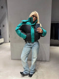 Black White Color Block Puffer Jacket Womens Zip Up Oversized Loose Fit Warm Coat Fall Winter Streetwear Daily Trendy Outerwear
