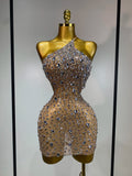 Women Sexy Mesh See Through Mini Dress Luxury Rhinestones Stage Costume Singer Dancer Nightclub Evening Party Birthday Dresses