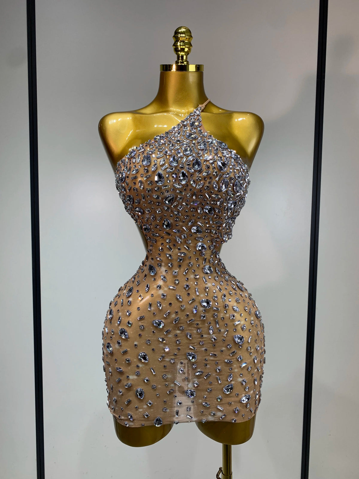 Women Sexy Mesh See Through Mini Dress Luxury Rhinestones Stage Costume Singer Dancer Nightclub Evening Party Birthday Dresses