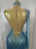 Sparkly Diamond Blue Rhinestone Mesh One Shoulder Tassel Dress Sexy Eveing Party Bar Nightclub Stage Costume Latin Dance Outfits