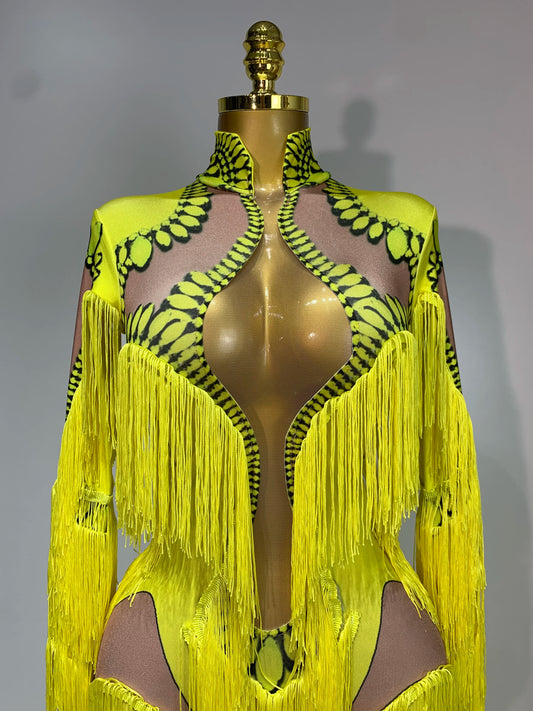 Yellow Tassel Stretch Bodycon Jumpsuit Nightclub Gogo Dance Clothing Dj Rave Outfit Nightclub Party Singer Performance Outfit