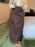 Fashion Women's See Through Blouse Long Skirt Set Lapel Deep V-neck Full Sleeve Lace Up Shirt Stripe Irregular Skirts 2026 Suit