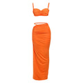 Bandage Ruched 2 Piece Set Women Square Collar Bra+Skinny Long Skirts 2025 Summer Vacation Beach Party Trend Suits