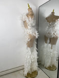 Women Sexy Luxury Rhinestone Mesh Feather Sheer See Through Long Celebrity Birthday Dress Cocktail Nightclub Performance Costume