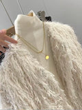 Original High-quality 2026 New Women's Round-neck Button-down Feather Decoration Metal Thread Long-sleeved Coat