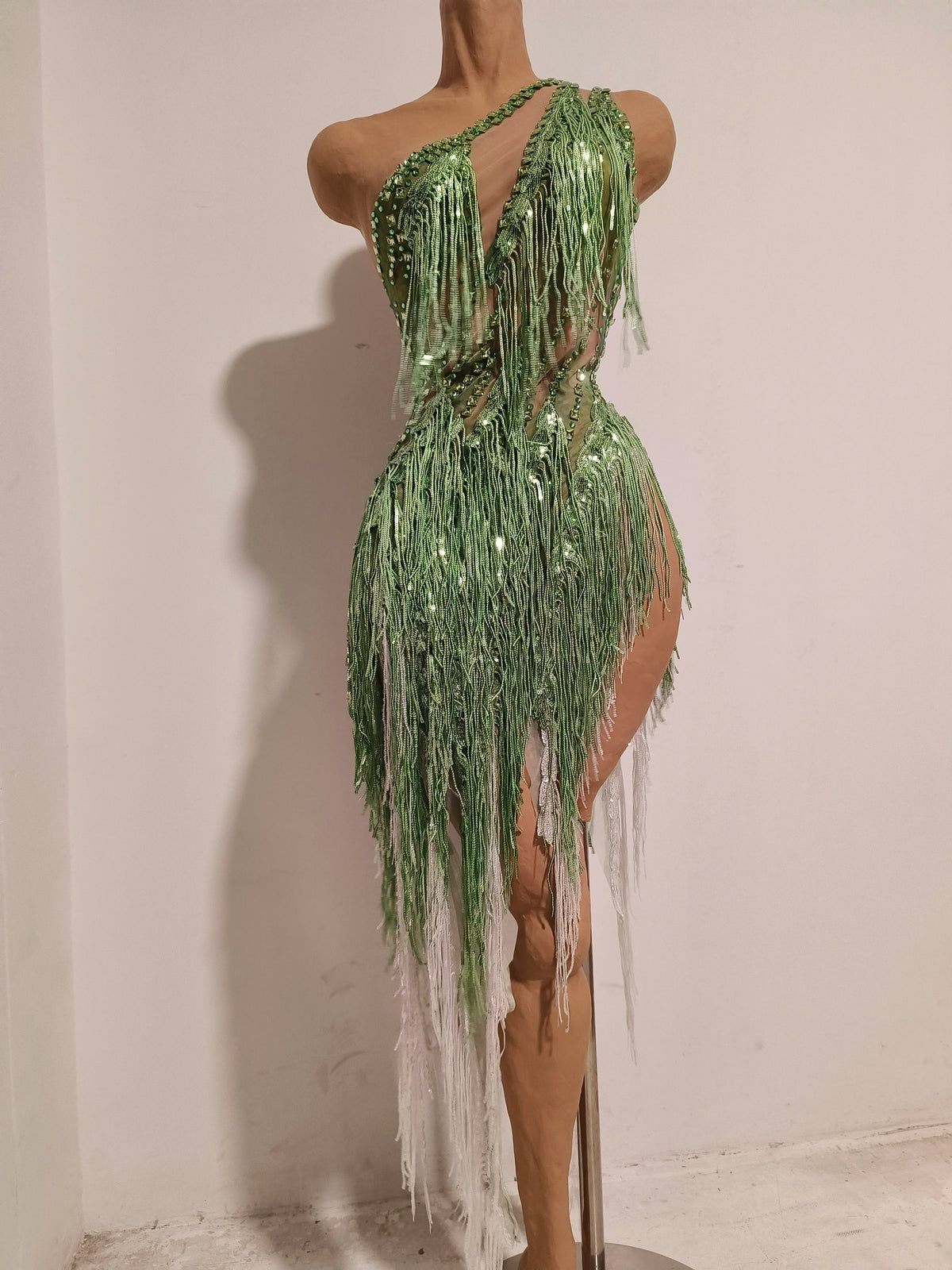 Women One Shoulder Sexy See-Through Sparkly Rhinestones Tassel Green Dress Latin Dance Outfits Bar Nightclub Party Stage Costume