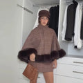 Women Plaid Fur Trim Cape Mini Skirt Set High Neck Checkered Shawl Coat Short Skirt Two Piece Outfit 2026 Autumn Elegant Suit