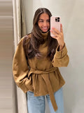 Women Suede Jacket Stand Collar Asymmetric Button Belted Waist Peplum Hem Long Sleeve Loose Retro Casual Outerwear Fashion Coat