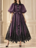 Spotted Print Shirt Maxi Dress for Women Puff Sleeve Point Collar Self Tie Sash Waistband Lace Hem Patchwork Mesh Overlay