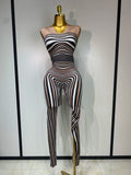 Women Long Sleeve Zebra Stripes Bodycon Jumpsuit Two Piece Set Birthday Party Nightclub Stage Performance Halloween Rompers