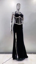 Women's Fashion Gloves Shiny Rhinestone Neck Waist Black Velvet Dress Celebrity Dinner Red Carpet Party Evening Performance Gown
