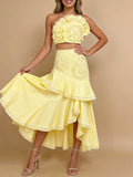 Elegant Pink Two Piece Set for Women Lace Trim Tube Top Asymmetrical Tiered Ruffles Midi Skirt Outfits for Beach Getaways