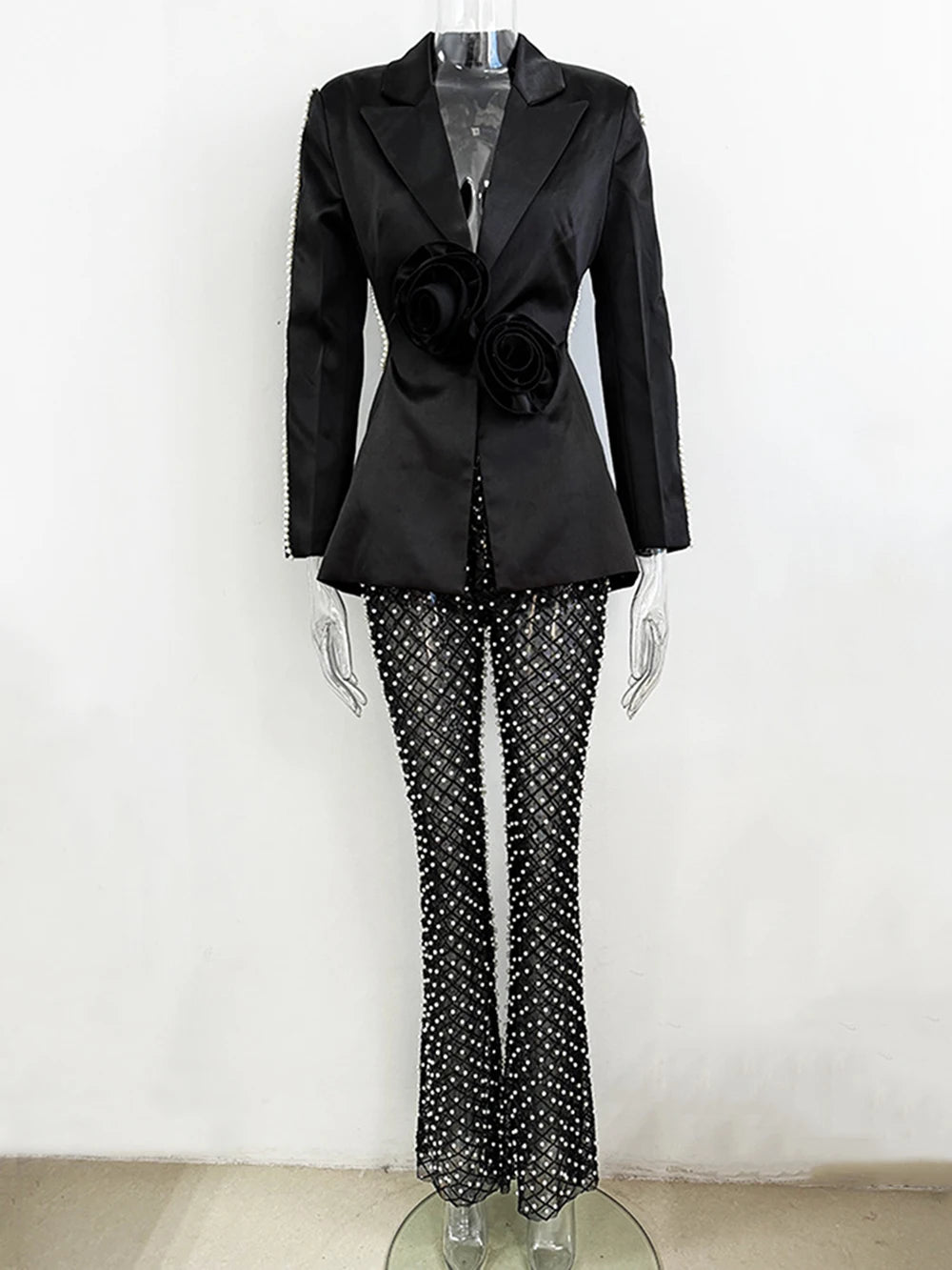 Elegant Beaded pearls blazer pants set Suits women flower white slim blazer +Sexy Mesh See Through sequin Trousers two-piece set
