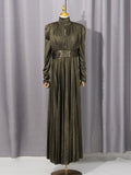 Solid Spliced Belt Slim Pleated Dresses For Women Turtleneck Long Sleeve High Waist Temperament Long Dress Female Clothes