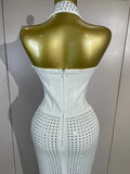 Elegant Evening Party Prom Gown Birthday Dress Women Shining Rhinestones Sexy White/Pink Mesh Halter Bodycon Long Bandage Dress