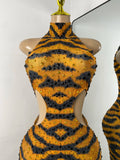 Sparkly Crystal Tiger Stripe Print Women Sexy Sleeveless Stretch Hollow Out Jumpsuit Nightclub Stage Performance Dance Costume