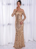 Women Autumn Winter Floor-Length Dress Elegant Long Sleeve Slash Neck Sequin Club Party Dresses Sexy Long Gown Maxi Dress