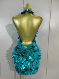 Women Celebrate Eveing Party Club Luxury Birthday Nightclub Stage Wear Sexy Shiny Round Sequins Halter Backless Mesh Mini Dress