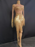 Sparkly Rhinestone Golden Sequins Tassel Sexy Transparent Dress Women Evening Birthday Party Nightclub Dance Singer Stage Outfit