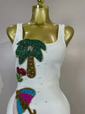 Women Sexy Square Neck Sleeveless Bodycon Bandage Mini Dress Luxury Beaded Tropical Fruit Eveing Party Vacation NightClub Outfit