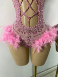 Luxury Women Sexy Shiny Crystal Feathers Hollow Out Bodysuit Nightclub Performance Dance Costume Nightclub Singer Stage Wear