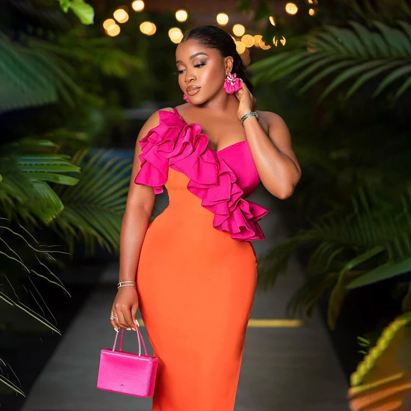 New Fashion Orange Color Women Sleeveless Sexy V-Neck Ruffles Bodycon Mid-calf Bandage Dress Birthday Celebrate Party Dress