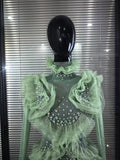 Women Long Sleeve Sexy Mesh Ruffles Bodycon Mini Dress See Through Celebrate Nightclub Party Bar Singer Birthday Wear