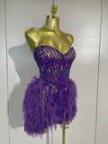 Sexy Purple Mesh See Through Purple Long Sleeves Mini Dress Luxury  Diamonds Birthday Evening Party Bar Nightclub Stage Costume