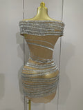 Luxury Sparkly Rhinestones Sexy Mesh See-through Mini Dress Women Celebrate Birthday Party Club Photo Shoot Stage Wear