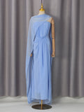Light Blue Ruched Bodycon Mermaid Maxi Dress for Women for Cape Sleeve Design Draped Skirt for Red Carpet Award Ceremonies